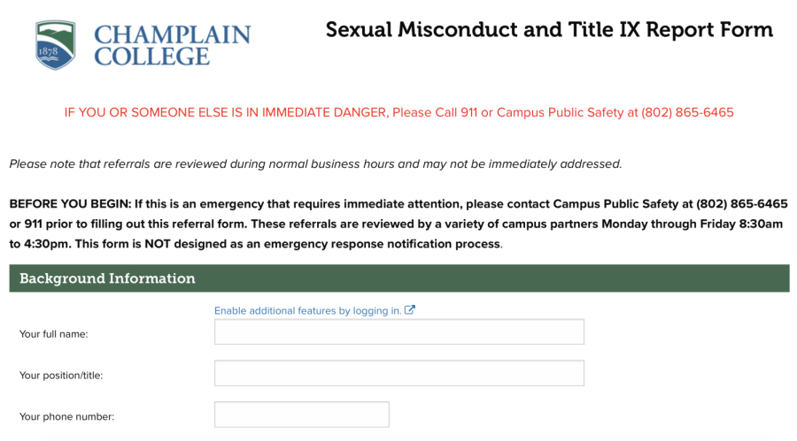 A screenshot of Champlains Sexual Misconduct and Title IX Report Form.